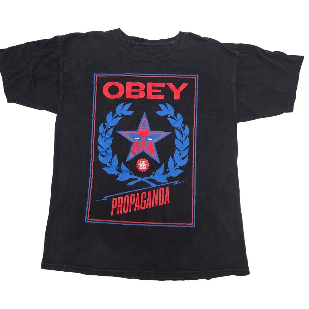 Skate Obey Propaganda T-Shirt Mens L Black Graphic Wreath Streetwear Urban Indie